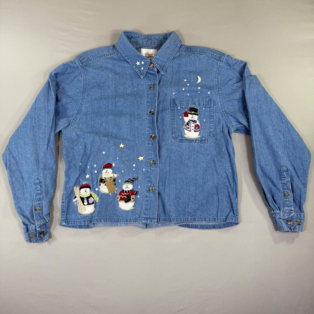 Holiday Snowman Denim Shirt Womens Large Cropped Cottagecore Novelty Whimsical